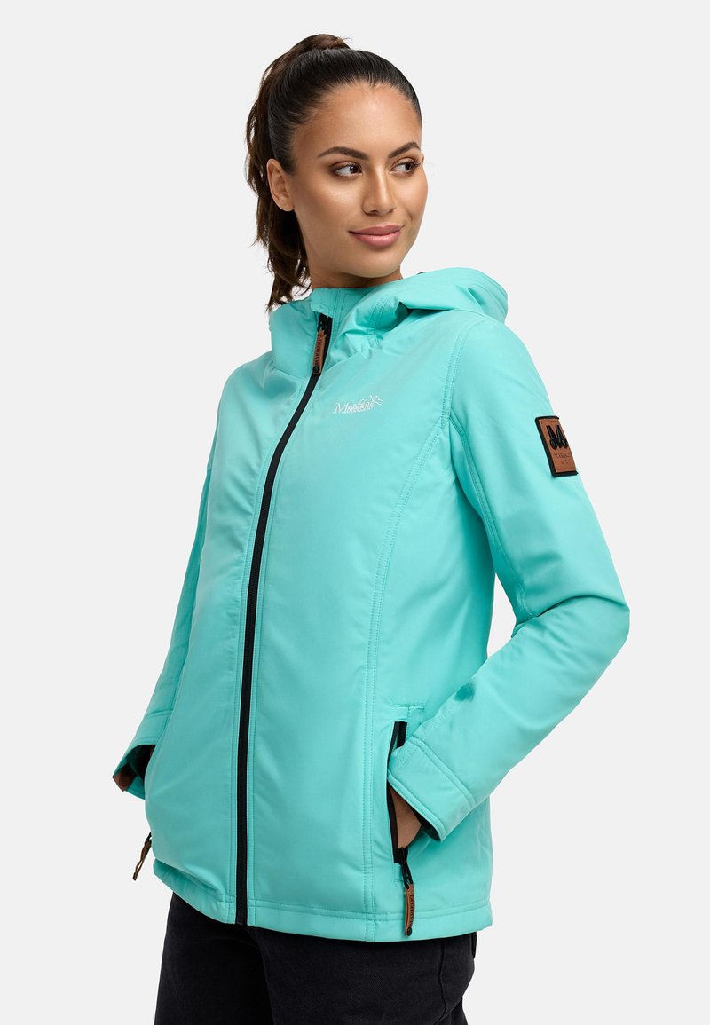 Light turquoise jacket with a hood, black zipper, and side pockets. Features a logo patch on sleeve and a smooth, water-resistant texture.
