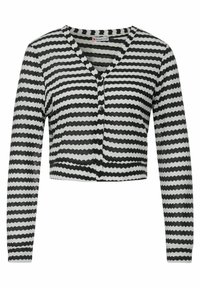 Černobílý zkrácený cardigan s vlnitým pruhovaným vzorem, dlouhými rukávy, výstřihem do V a knoflíkovým zapínáním vepředu. Texturovaná látka.