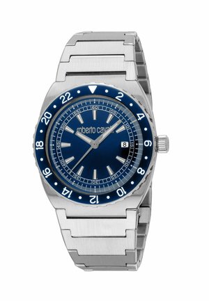 Zilverkleurig metalen polshorloge met blauwe wijzerplaat, zilveren uurmarkeringen, draaibare lunet met 24-uursmarkeringen, datumaanduiding om 3 uur en metalen schakelsband.