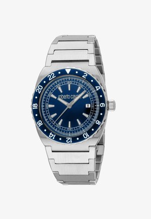 Zilverkleurig metalen polshorloge met blauwe wijzerplaat, zilveren uurmarkeringen, draaibare lunet met 24-uursmarkeringen, datumaanduiding om 3 uur en metalen schakelsband.