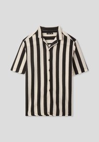 Camicia a maniche corte a strisce nere e crema con colletto e chiusura a bottoni. Il tessuto ha un'intrecciatura testurizzata e una silhouette rilassata.