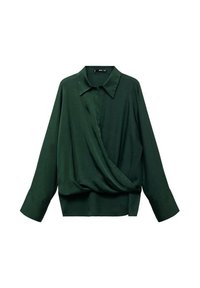 Blusa envolvente de color verde oscuro con cuello, mangas largas y un corte suelto. Tela suave con una textura blanda. Longitud recortada a la altura de la cintura.