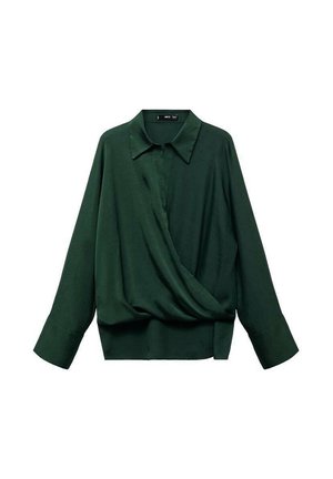 Blusa avvolgente verde scuro con colletto, maniche lunghe e vestibilità morbida. Tessuto liscio con una consistenza soffice. Lunghezza cropped in vita.