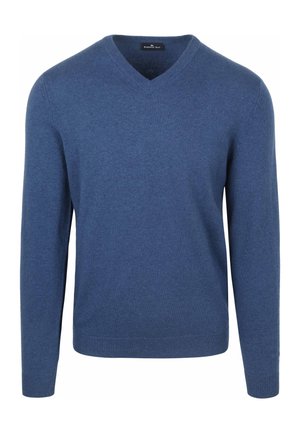 Blue v-neck sweater with long sleeves, made from knit fabric. Features a smooth texture and ribbed cuffs and hem. Simple, clean design.