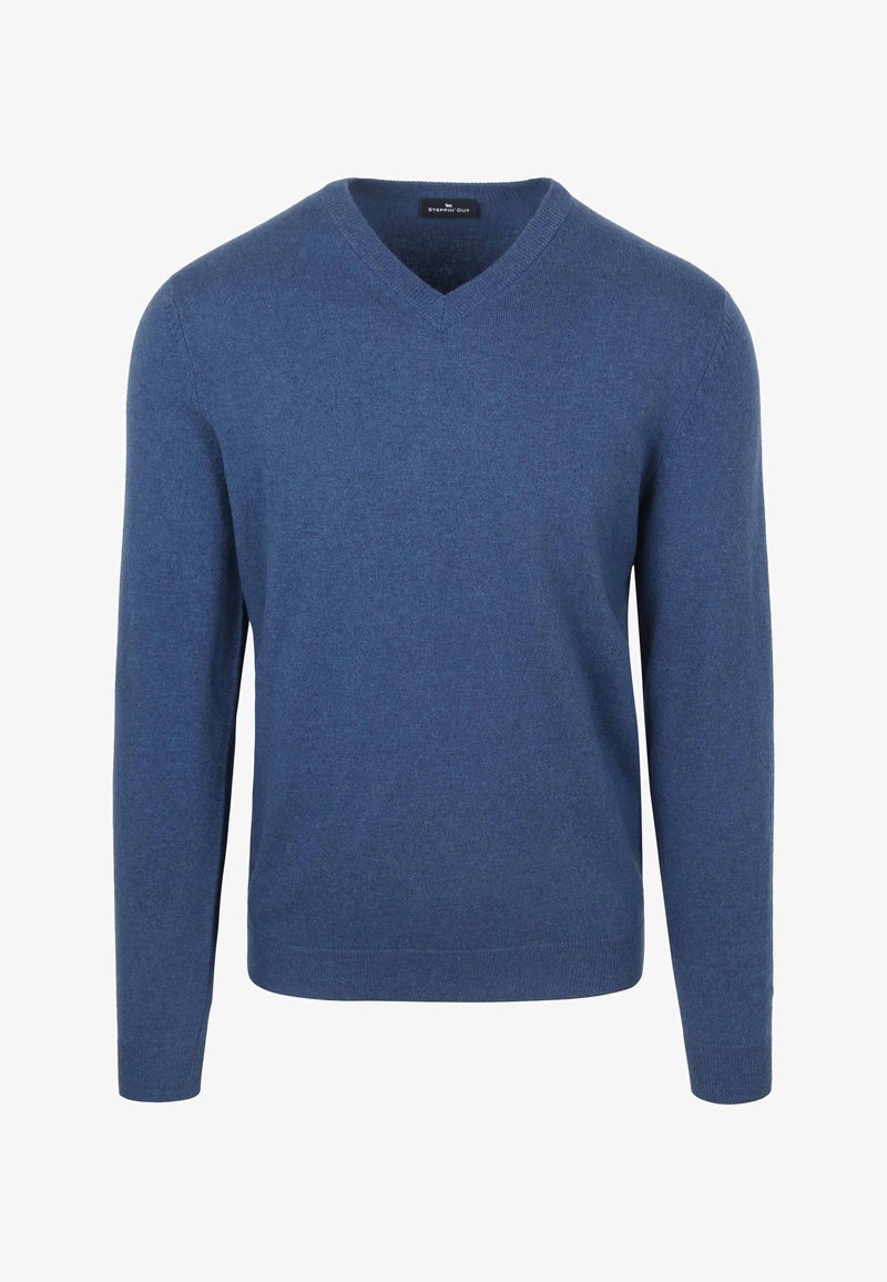 Blauer V-Ausschnitt-Pullover mit langen Ärmeln, aus Strickstoff gefertigt. Hat eine glatte Textur und gerippte Bündchen und Saum. Schlichtes, sauberes Design.