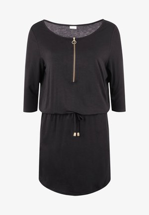 Zwarte jurk met driekwart mouwen, een gouden ritssluiting aan de voorkant en een trekkoord in de taille. Glad materiaal met een ronde zoom.