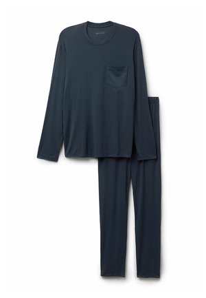 Marineblaues Langarmoberteil mit einer Brusttasche und passenden Stretchhosen. Weicher, glatter Stoff mit entspannter Passform und elastischem Bund.