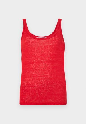 Czerwona bezrękawnik z okrągłym dekoltem, wykonana z lekkiego, lekko prześwitującego materiału, z prostym wykończeniem i gładką fakturą.