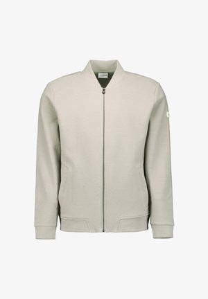 Lichtbeige bomberjack met ritssluiting, geribde kraag en boorden, zijzakken en een klein patch op de bovenkant van de linkermouw.