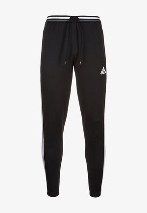 Pantalon de sport noir Adidas avec des bandes blanches sur les côtés, taille à cordon et logo Adidas sur la partie supérieure de la cuisse gauche.