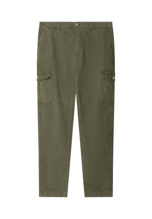 Olivovo zelené rovné cargo nohavice s vreckami na klapku so zapínaním na gombík po stranách, pútkami na opasok a zapínaním na gombík v páse.