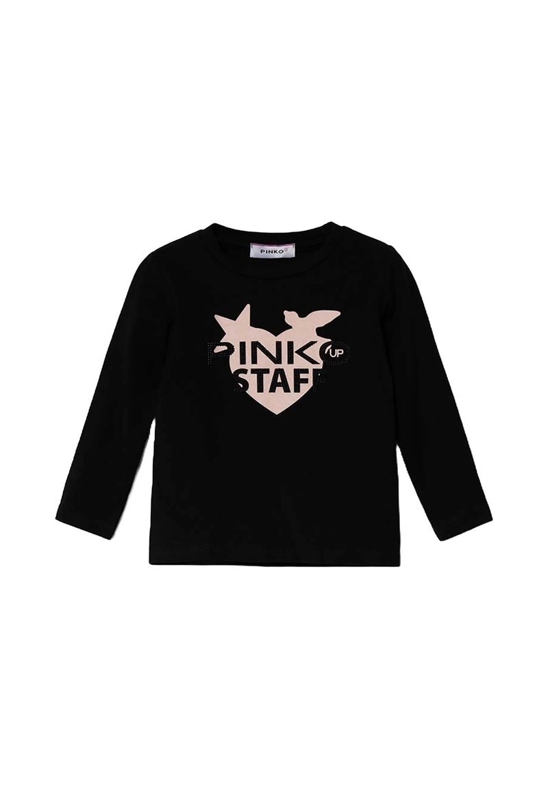 T-shirt nera a maniche lunghe in cotone, con una grafica di colore rosa chiaro che rappresenta un cuore con il testo "PINK UP STAFF" e forme di stelle.