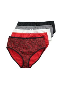 Vijf paar damesondergoed: zwart, grijs, wit en rood met zwart patroon. Voorzien van kantdetails en strikken op de tailleband.