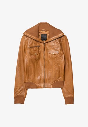 Brown leather jacket with a zip front, ribbed collar, and two chest pockets. Features smooth texture and tailored fit.
