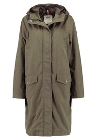 Olivově zelená parka s kapucí vyrobená z lehkého materiálu, která má přední zip, kapsy na patentky a volný střih.