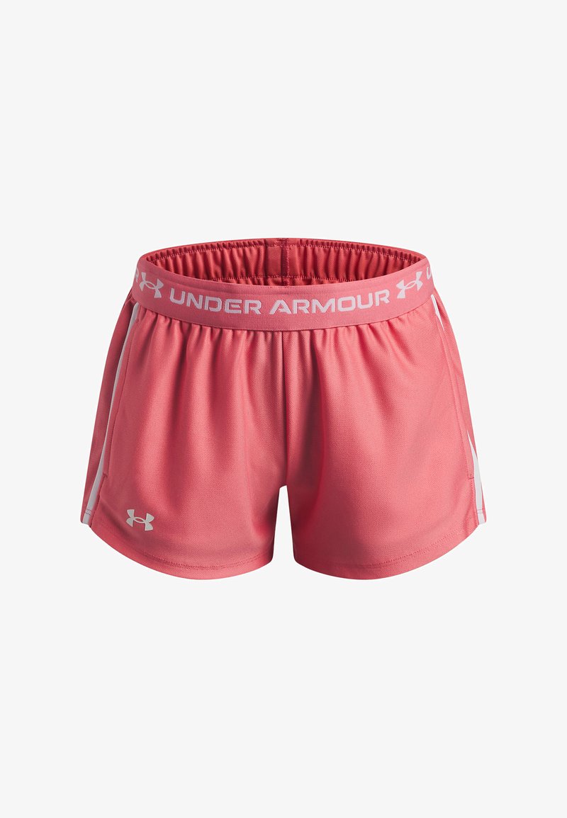 Shorts de sport roses avec une ceinture élastique, arborant le logo "Under Armour" en blanc et des accents en mesh latéraux pour la respirabilité.