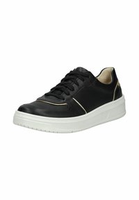 Sneaker in pelle nera con suola in gomma bianca, caratterizzato da una parte superiore texturizzata, lacci e sottili dettagli dorati lungo il lato. Design con punta arrotondata.