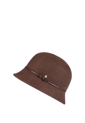 Brown felt cloche hat with a narrow dark brown leather band tied in a knot and a small silver emblem on the side.