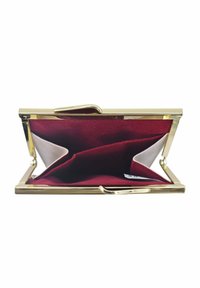 Rood fluwelen clutch portemonnee met een gouden metalen frame. Beschikt over twee compartimenten met een gladde binnenvoering. De sluiting heeft een haakje.