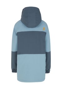 Veste à capuche bleu clair et bleu foncé, avec un ourlet et des poignets élastiques, comportant un logo en haut à gauche au dos. Texture de tissu lisse.