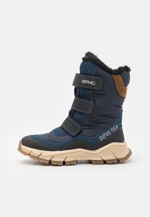 Blaue, wasserdichte Winterstiefel mit braunen Akzenten, Klettverschlüssen und einer strukturierten Sohle. Verfügt über ein flauschiges Futter und eine verstärkte Zehenpartie.
