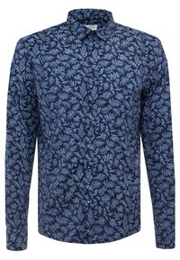 Camicia navy a maniche lunghe con motivo a foglia in azzurro chiaro. Include un colletto e una chiusura a bottoni sul davanti. Tessuto morbido.