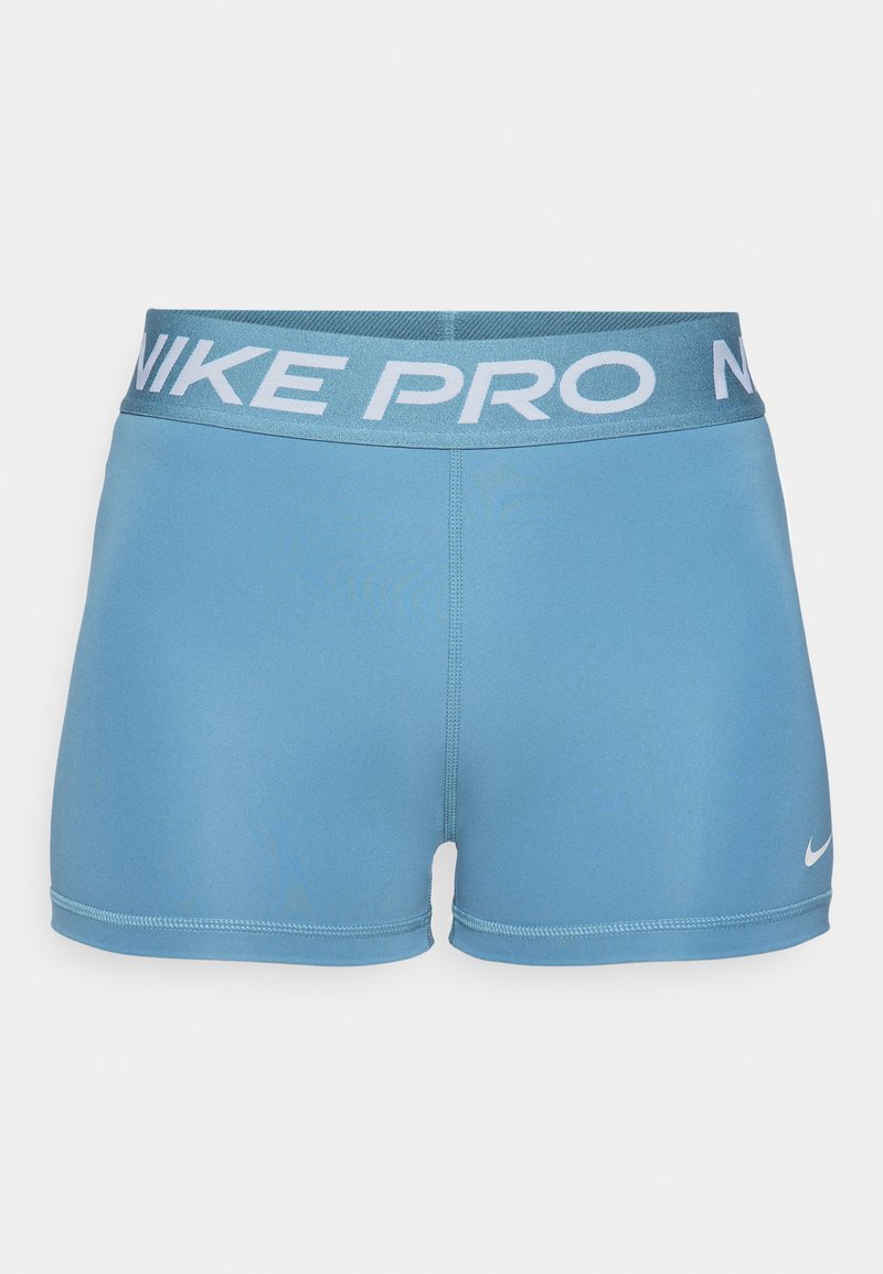Shorts atletici blu realizzati in tessuto liscio e elasticizzato. Presentano una ampia vita con la scritta "NIKE PRO" in blu chiaro e un piccolo logo.