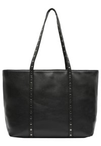 Black leather tote bag with textured finish, two long straps, and metallic studs along the sides. Spacious design and minimalist style.