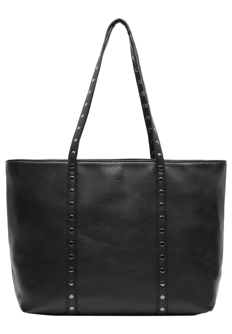 Black leather tote bag with textured finish, two long straps, and metallic studs along the sides. Spacious design and minimalist style.