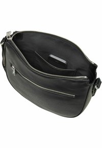 Bolso bandolera de cuero negro con cierre de cremallera, bolsillo interior y un bolsillo exterior con cremallera. Textura suave y forma curvada.