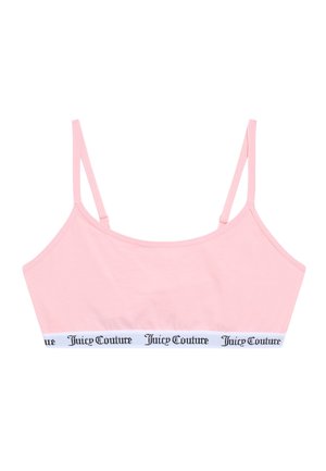 Roze katoenen bralette met verstelbare bandjes en een witte band met zwarte "Juicy Couture" tekst. Glad textuur, casual ontwerp.