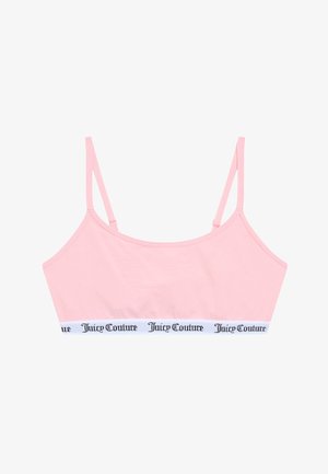 Bralette en coton rose avec bretelles ajustables et une bande blanche comportant le texte noir "Juicy Couture". Texture lisse, design décontracté.