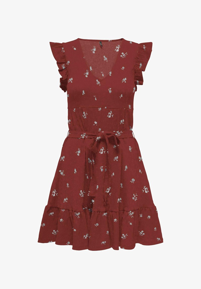 Robe rouge à manches courtes avec imprimé floral blanc, col en V, manches et ourlet volantés, ceinture nouée à la taille et jupe évasée.