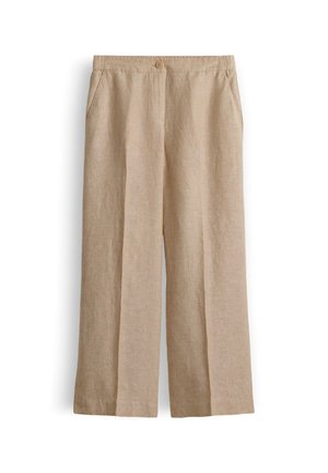 Beige wide-leg linen trousers with front button and side pockets, displayed flat on white background.
