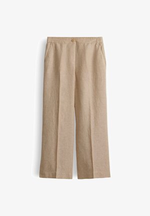 Pantaloni beige in lino a gamba larga con bottone frontale e tasche laterali, mostrati distesi su sfondo bianco.