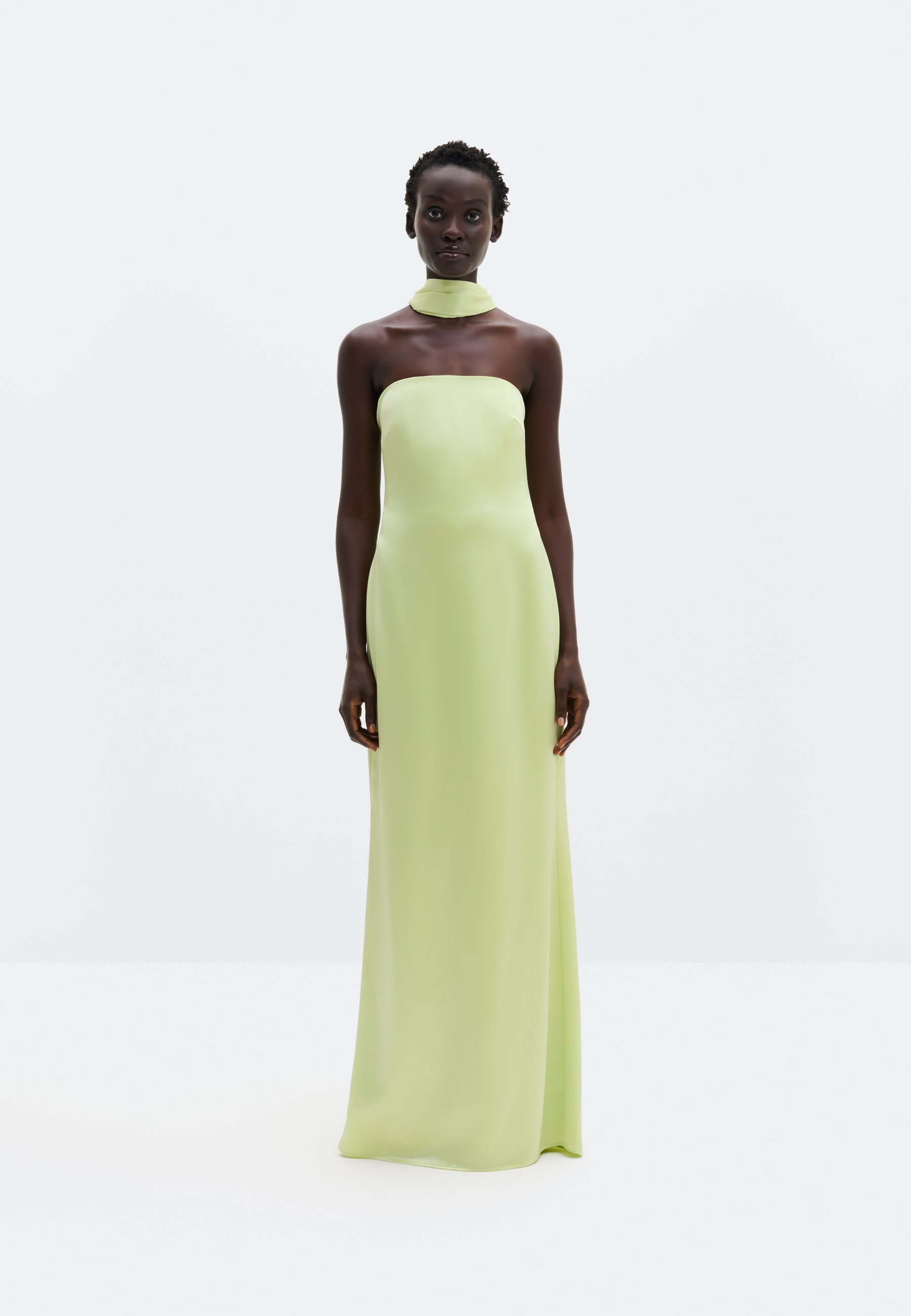 slim fit dress slacks Hailey Satin Maxi Dress with Neck Scarf