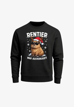 Black sweatshirt featuring a cartoon reindeer wearing a Santa hat and sunglasses, with "RENTIER WAR AUSVERKAUFT" printed prominently in white.