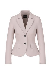 Hellrosaner Blazer aus glattem Stoff. Mit Reverskragen, zwei Fronttaschen und zwei schwarzen Knöpfen. Slim-Fit-Design.