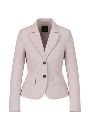 Hellrosaner Blazer aus glattem Stoff. Mit Reverskragen, zwei Fronttaschen und zwei schwarzen Knöpfen. Slim-Fit-Design.
