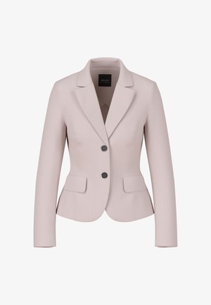 Light pink blazer made of smooth fabric. Features a notched collar, two front pockets, and two black buttons. Slim fit design.