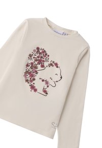 Langärmliges cremefarbenes Hemd mit einem floralen Igel-Design in Rosa und Braun, verziert mit kleinen glitzernden Akzenten am Saum.