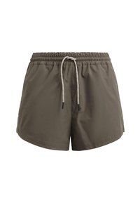 Costumi da bagno khaki con vita elastica, cordoncino regolabile e tasche laterali. Realizzati in tessuto leggero e liscio.