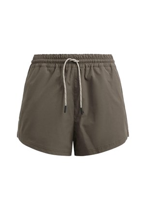 Khaki plavkové šortky s elastickým pasem, nastavovací šňůrkou a bočními kapsami. Vyrobené z lehkého, hladkého materiálu.