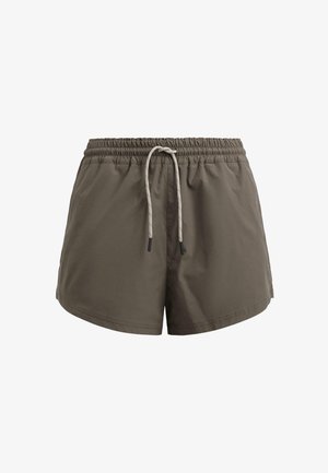 Khaki plavkové šortky s elastickým pasem, nastavovací šňůrkou a bočními kapsami. Vyrobené z lehkého, hladkého materiálu.