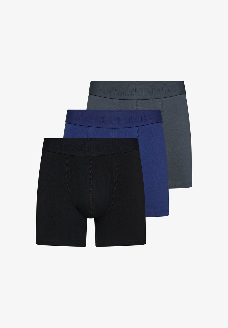 Three pairs of men's boxer shorts in black, navy, and dark gray. Each features a smooth texture and elastic waistband with embossed brand logo.