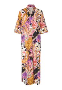 Accappatoio lungo in stile kimono con vivaci motivi floreali e paisley in rosa, arancione, oro e viola su uno sfondo bianco. Tessuto morbido.
