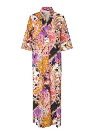 Pikk, kimono stiilis roob, mis esitleb eredaid lille- ja paisleimusterit roosas, oranžides, kuldsetes ja lillades toonides valgel taustal. Pehme kangas.