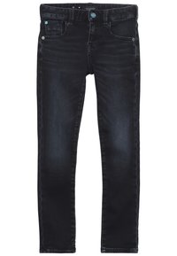 Jeans de mezclilla negros ajustados con lavado desgastado, con botón frontal y bolsillos, diseñados para niños.