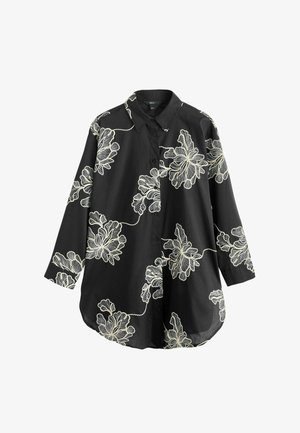 Fekete hosszú ujjú, gombos ing, törtfehér nagy virágmintás hímzéssel és hegyes gallérral.