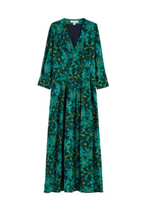 Dlhé, tyrkysové šaty s hlbokým V-výstrihom, dlhými rukávmi a kvetinovými vzormi v žltej a tmavozelenej farbe. Materiál je hladký s prúdiacou siluetou.